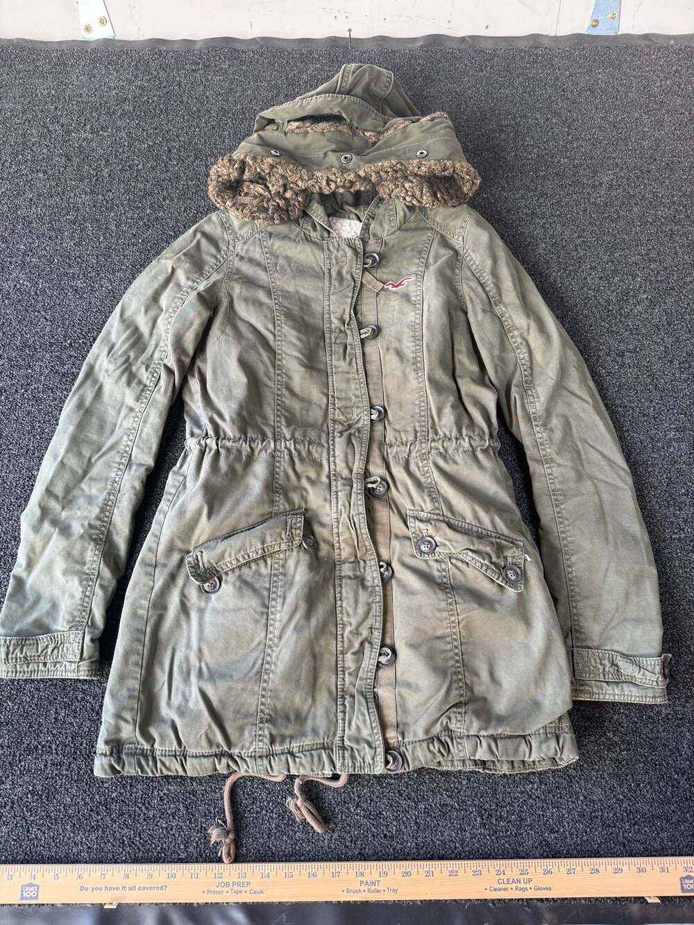 Hollister Olive Green Sherpa Lined Parka Jacket with Faux Fur Hood